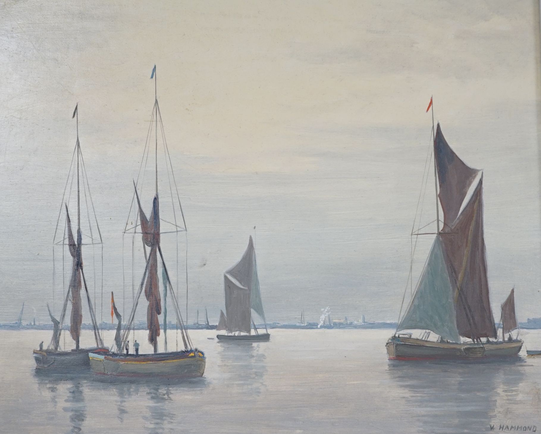 Alfred Vavasour Hammond (1900-1985), oil on board, Sail barges in harbour, signed, 32 x 39cm